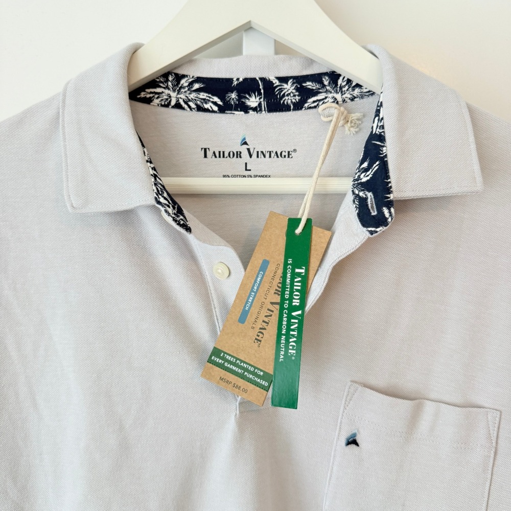 Tailor Vintage Mens Large Gray Pique Polo Shirt Palm Tree Collar Trim NWT - Picture 2 of 4